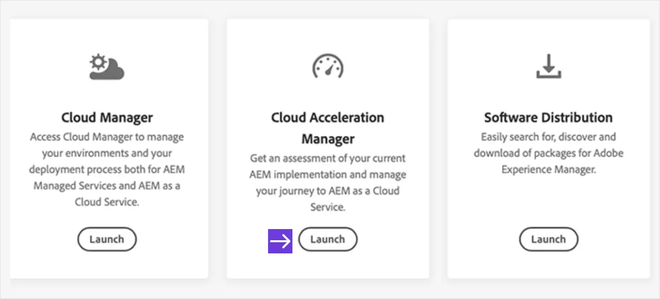 AEM on-premises instance with arrow pointing to launch Cloud Acceleration Manager.