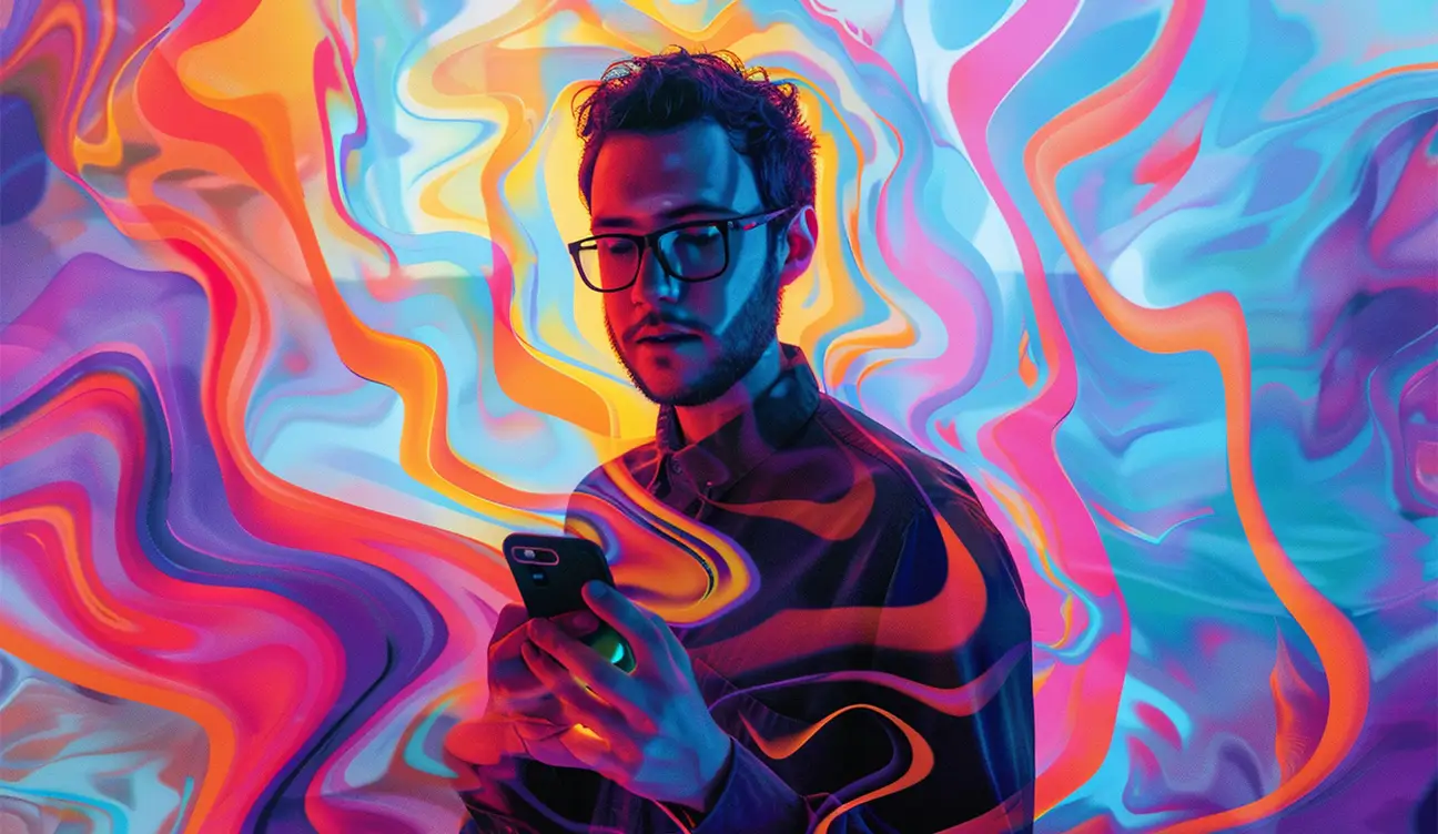 Man holding mobile phone with multicolor squiggled background.